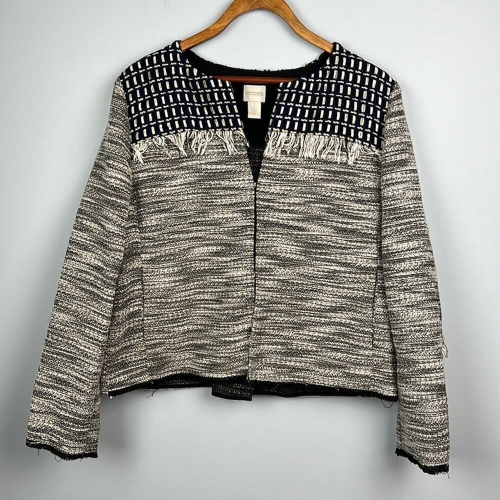 Chicos tweed and fringe jacket blazer size 1